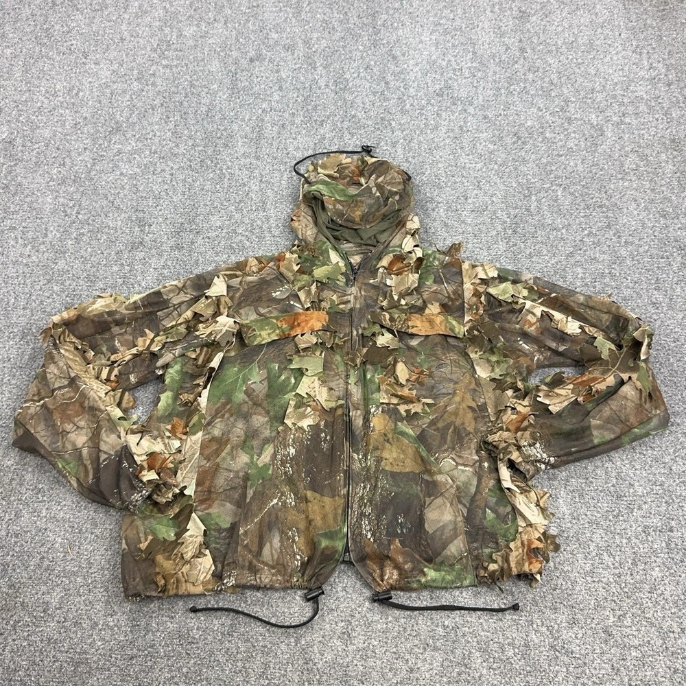Realtree Ghillie Jacket Mens 2XL HD Green Camo Mesh Leafy Zip Hooded Hunting